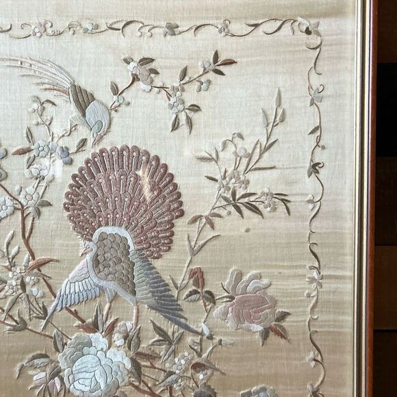 Antique Chinese Silk Bird Floral Flower Wood Frame  Embroidery - Picture 4 of 8